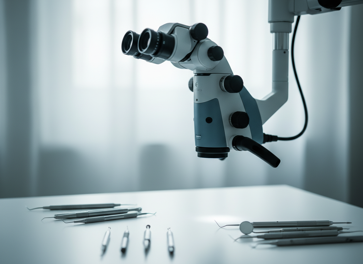 Clean, professional medical journal style photograph. Abstract close-up of a modern dental endodontic microscope and precision instruments on a spotless white surface, soft natural light, shallow depth of field, deep muted blue and cool gray tones, minimalist, authoritative, editorial quality. No text, no people.