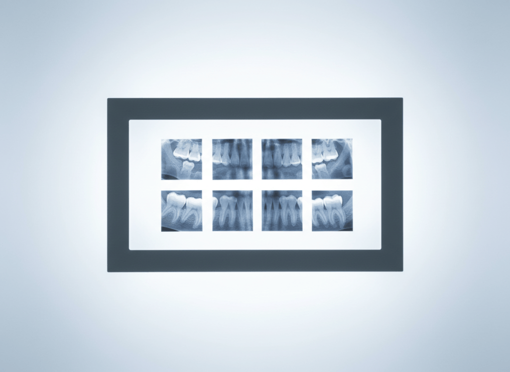 Minimalist clinical still life representing dental case studies: a dental x-ray light panel showing tooth root canal radiographs arranged cleanly on white background, muted deep blue tones, professional medical photography, no text, no people.