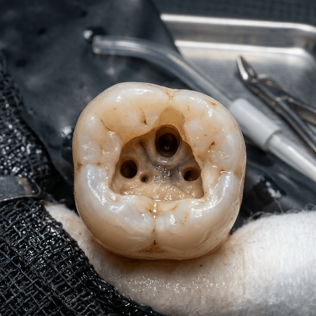 Molar tooth showing labeled root canals MB, MB1, MB2, ML, P, DB, DL with dental files
