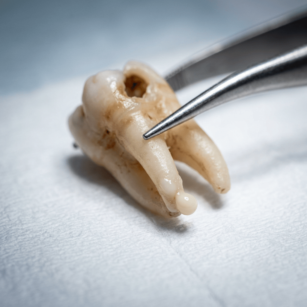 Extracted tooth examined with stainless steel dental instruments